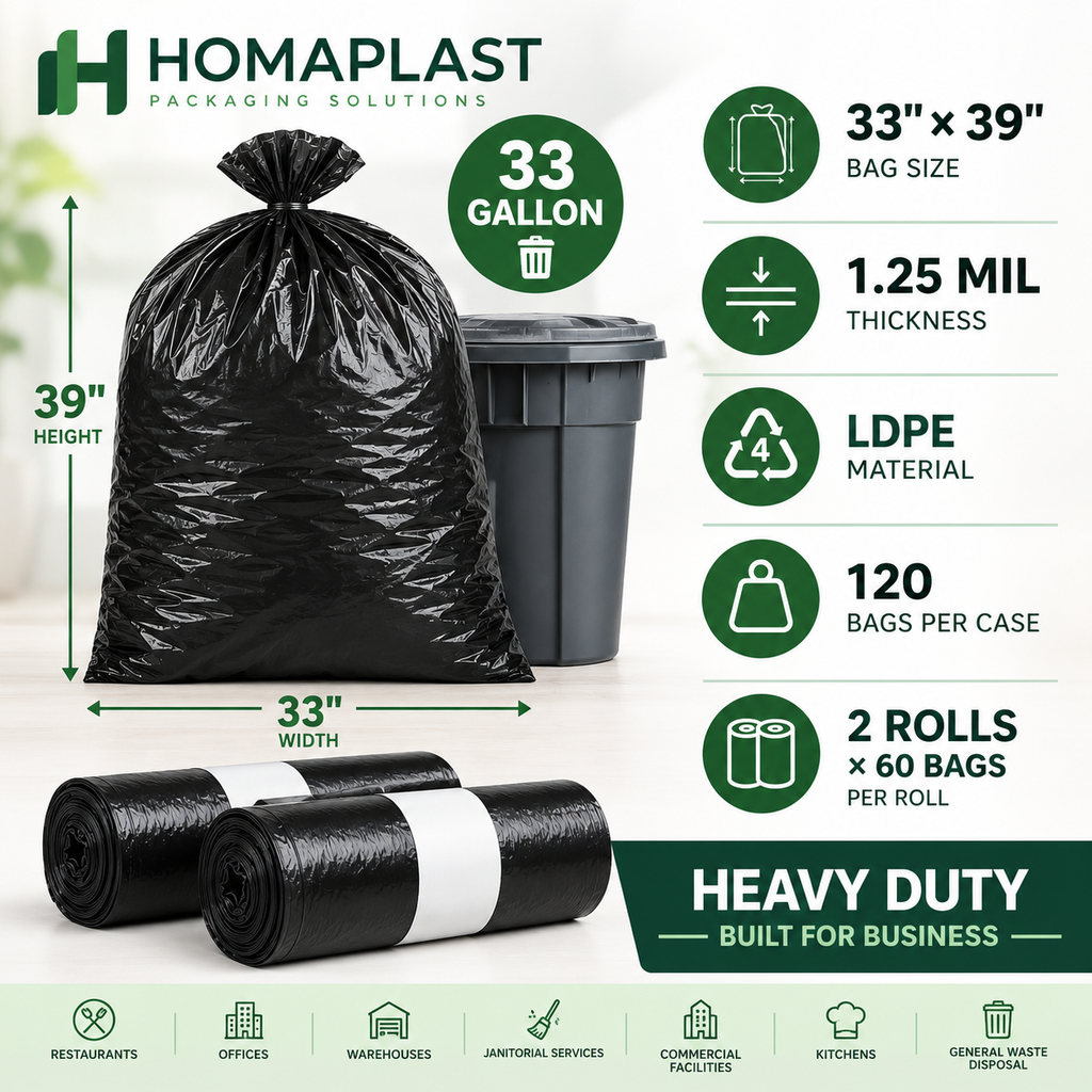 33 Gallon Heavy Duty Trash Bags – 33" × 39" – 120 Bags