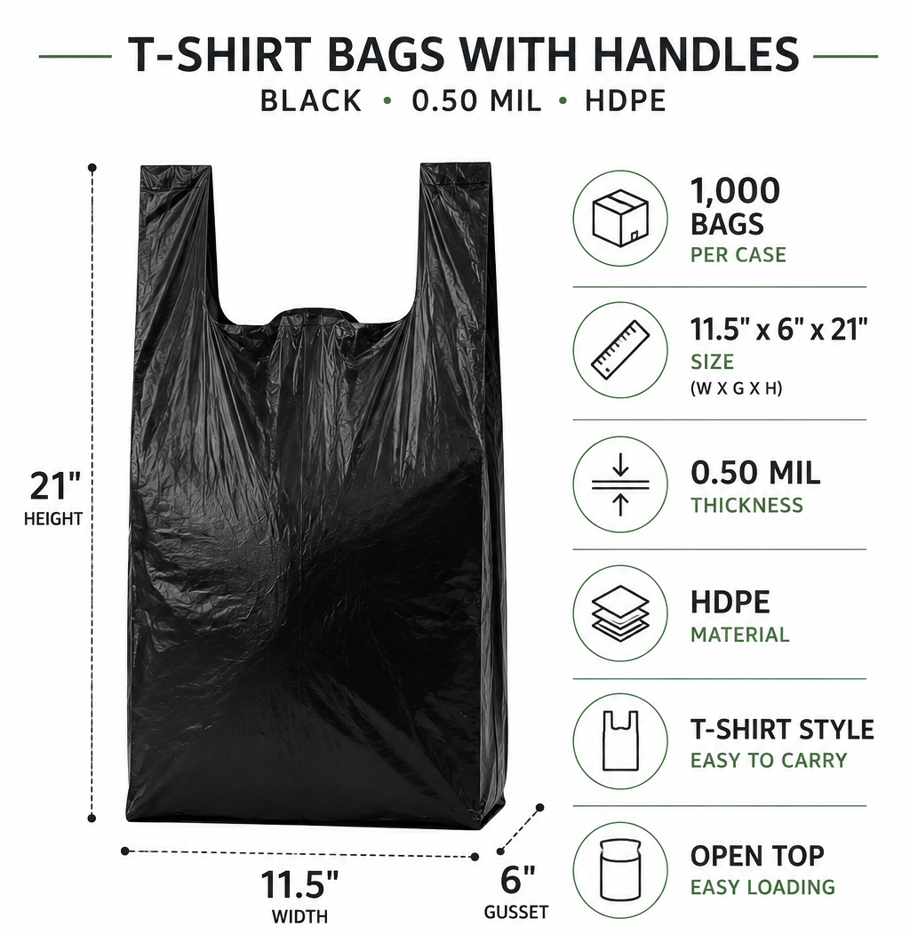 Black T-Shirt Bags – 11.5" × 6" × 21" – 1,000 Bags