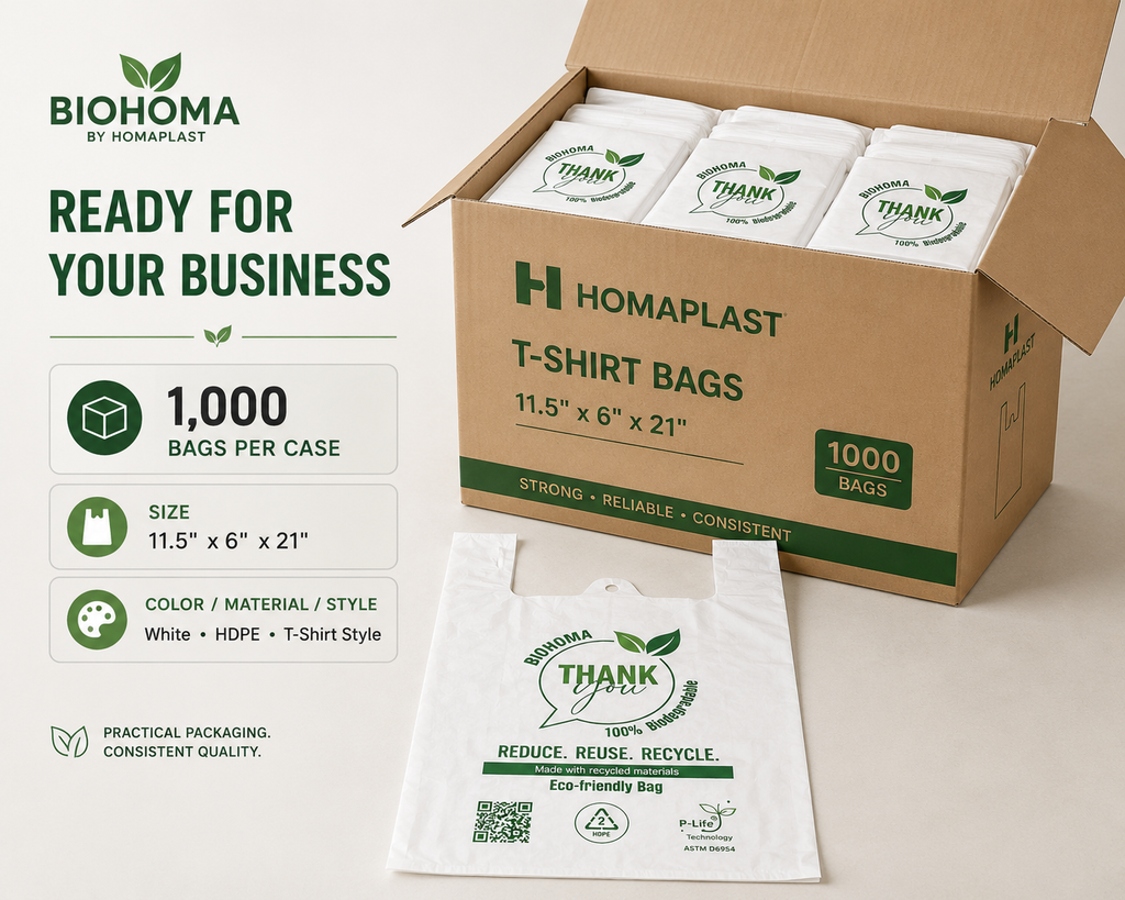 BIOHOMA Biodegradable T-Shirt Bags – 11.5" × 6" × 21" – 1,000 Bags