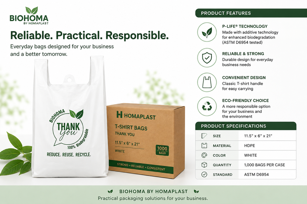 BIOHOMA Biodegradable T-Shirt Bags – 11.5" × 6" × 21" – 1,000 Bags