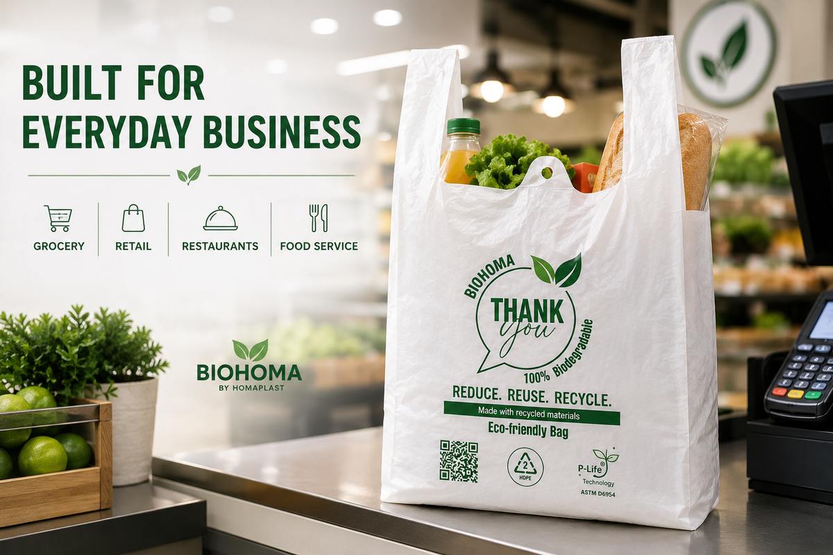 BIOHOMA Biodegradable T-Shirt Bags – 11.5" × 6" × 21" – 1,000 Bags