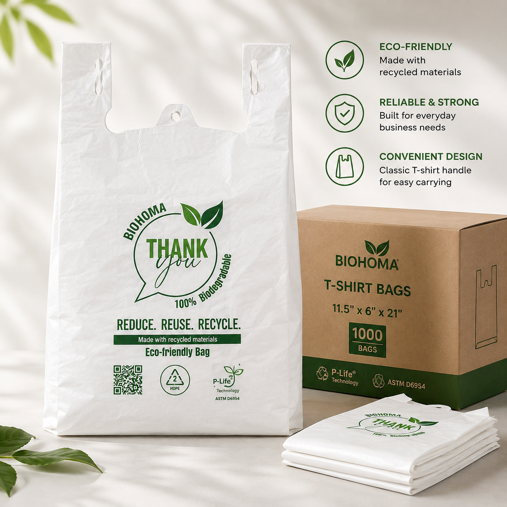 BIOHOMA Biodegradable T-Shirt Bags – 11.5" × 6" × 21" – 1,000 Bags