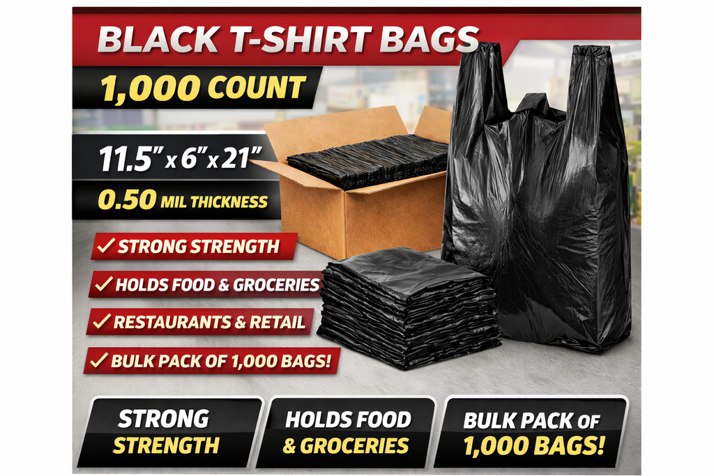 Black T-Shirt Bags – 11.5" × 6" × 21" – 1,000 Bags