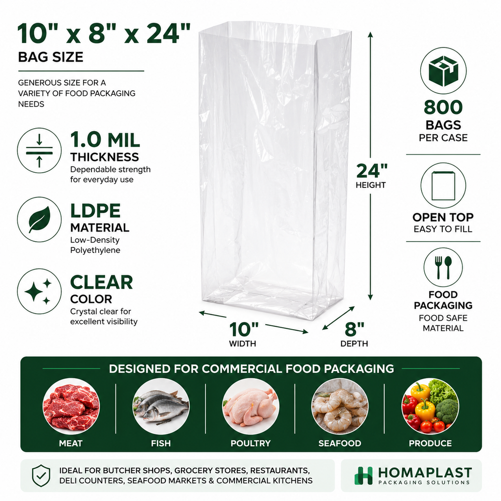 Clear Food Packaging Bags – 10" × 8" × 24" – 1.0 Mil – 800 Bags