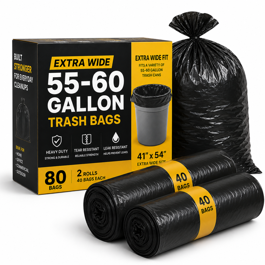 55–60 Gallon Heavy Duty Trash Bags – 41" × 54" – 80 Bags