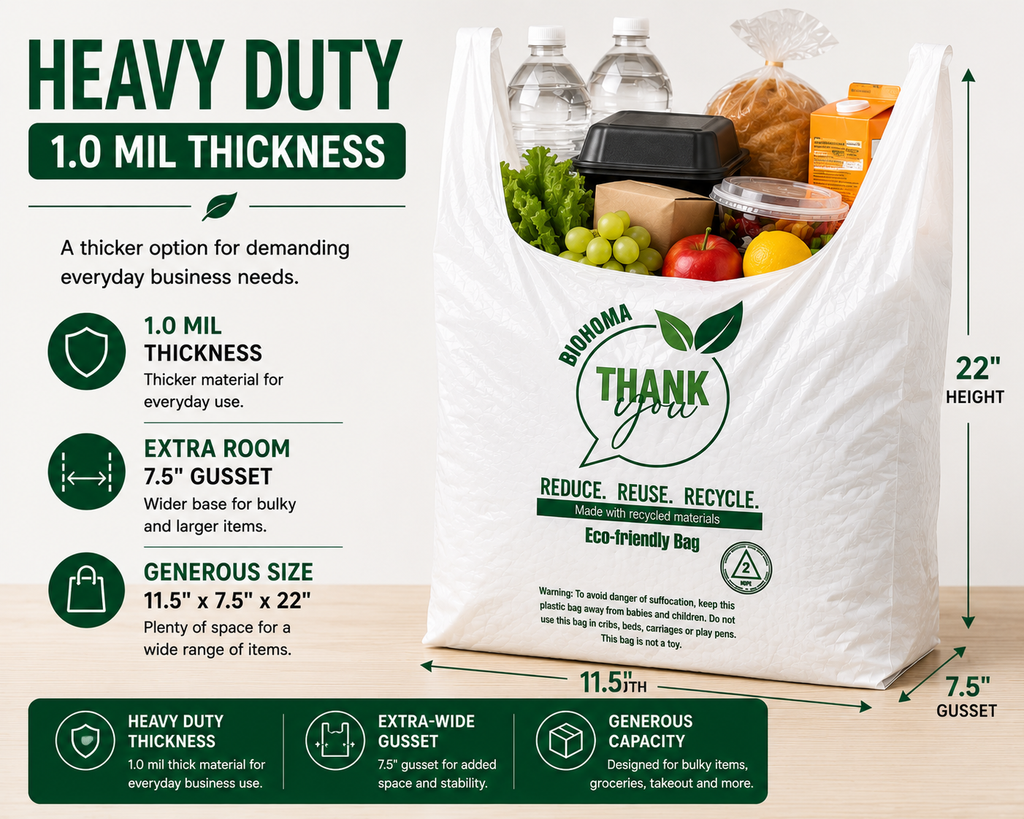 Heavy Duty T-Shirt Shopping Bags – 11.5" × 7.5" × 22" – 1.0 Mil – 500 Bags