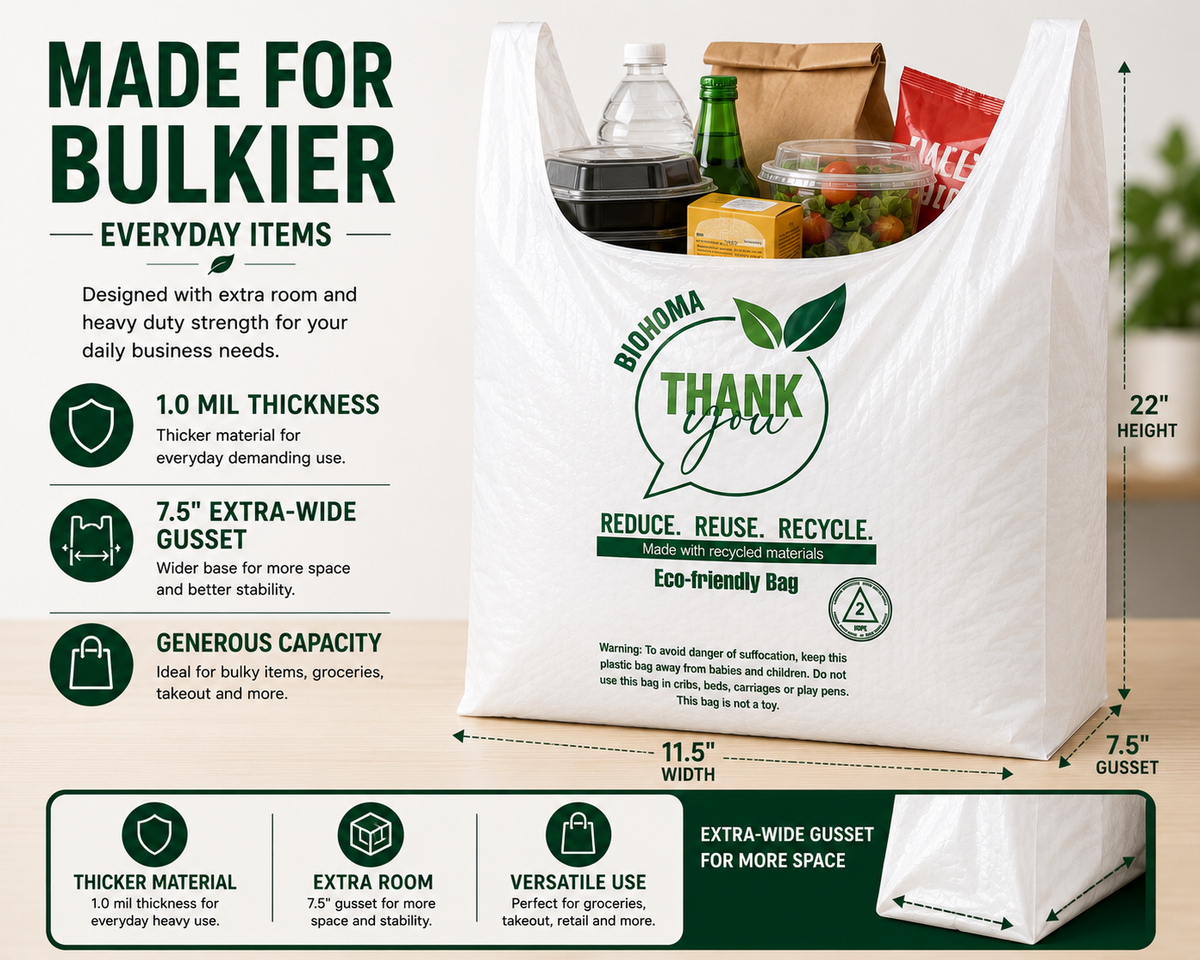 Heavy Duty T-Shirt Shopping Bags – 11.5" × 7.5" × 22" – 1.0 Mil – 500 Bags