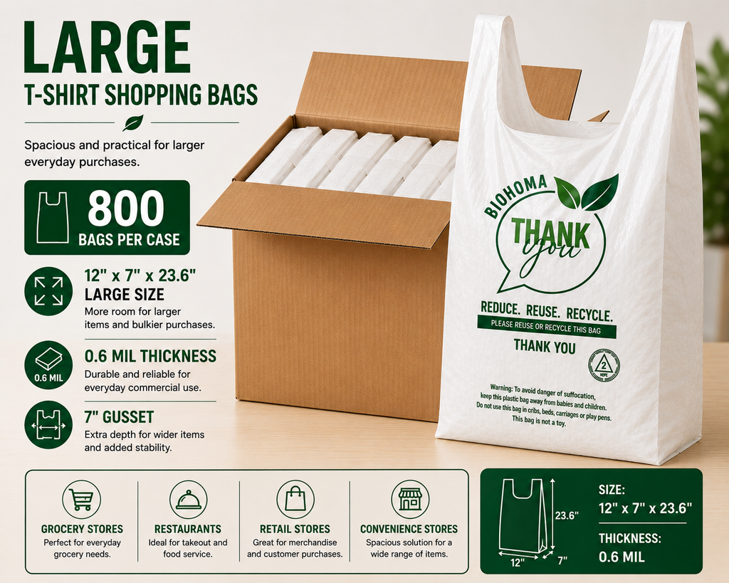 Large T-Shirt Shopping Bags – 12" × 7" × 23.6" – 0.6 Mil – 800 Bags