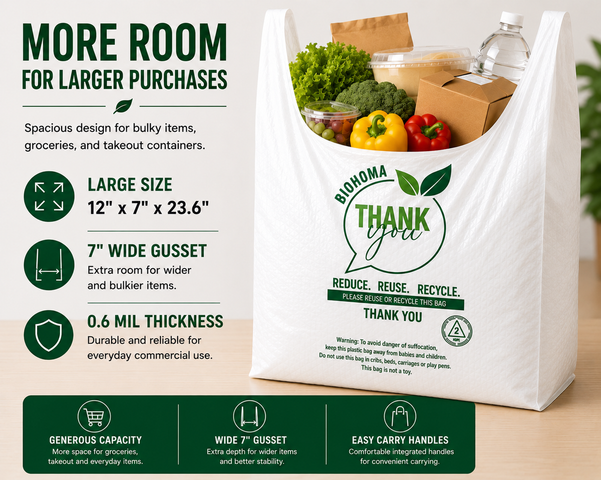 Large T-Shirt Shopping Bags – 12" × 7" × 23.6" – 0.6 Mil – 800 Bags