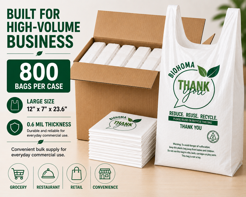 Large T-Shirt Shopping Bags – 12" × 7" × 23.6" – 0.6 Mil – 800 Bags