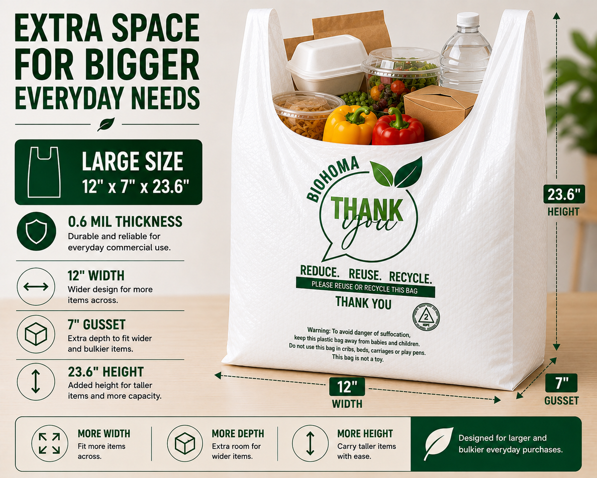 Large T-Shirt Shopping Bags – 12" × 7" × 23.6" – 0.6 Mil – 800 Bags