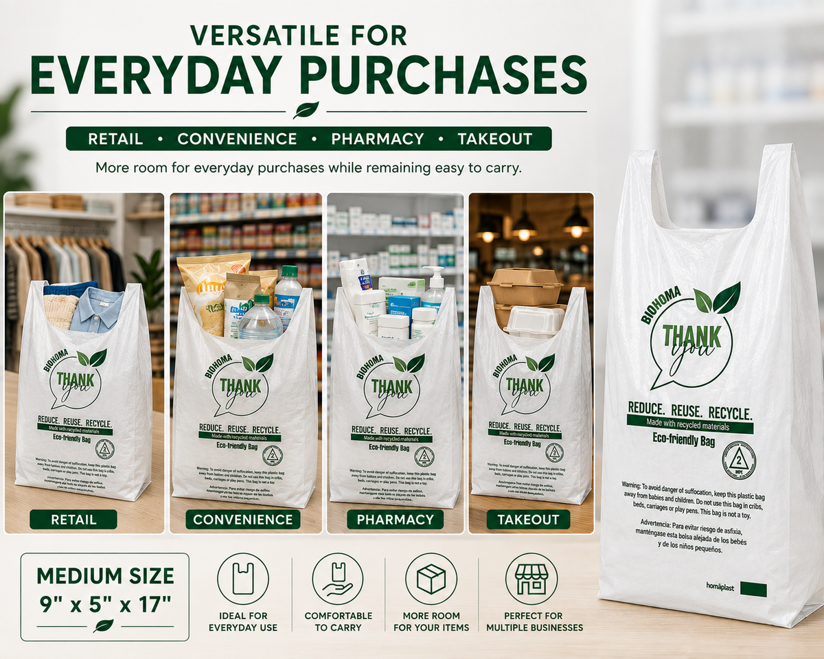 Medium T-Shirt Shopping Bags – 9" × 5" × 17" – 1,600 Bags