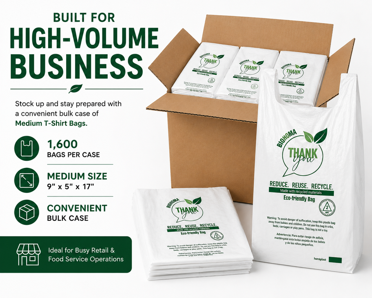Medium T-Shirt Shopping Bags – 9" × 5" × 17" – 1,600 Bags