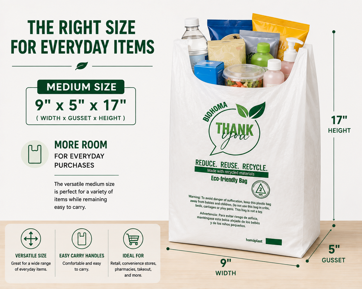 Medium T-Shirt Shopping Bags – 9" × 5" × 17" – 1,600 Bags