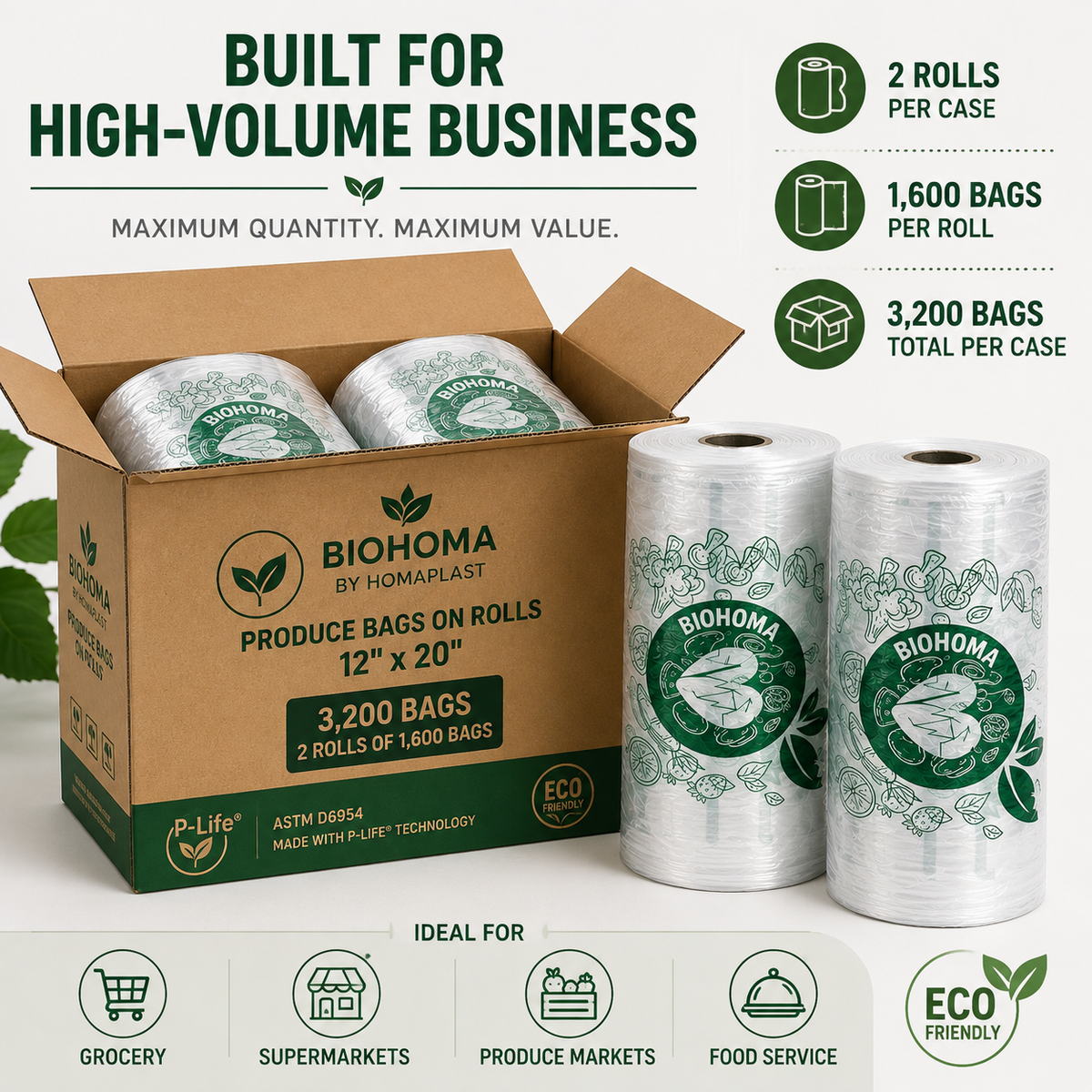 BIOHOMA Biodegradable Produce Bags on Roll – 12" × 20" – 3,200 Bags