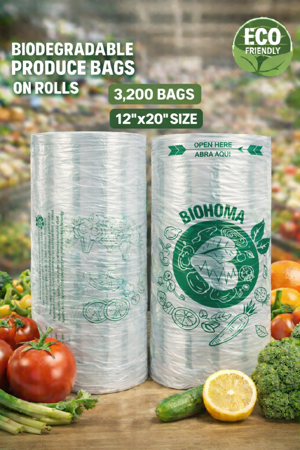 BIOHOMA Biodegradable Produce Bags on Roll – 12" × 20" – 3,200 Bags
