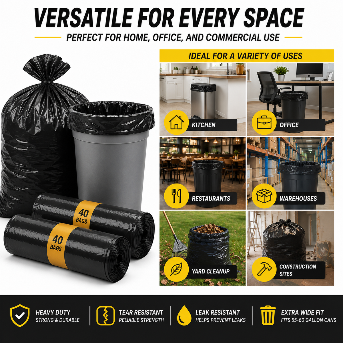 55–60 Gallon Heavy Duty Trash Bags – 41" × 54" – 80 Bags